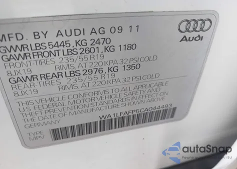 2012 Audi Q5 2.0T Premium z USA, uszkodzony, nr VIN WA1LFAFP5CA044493
